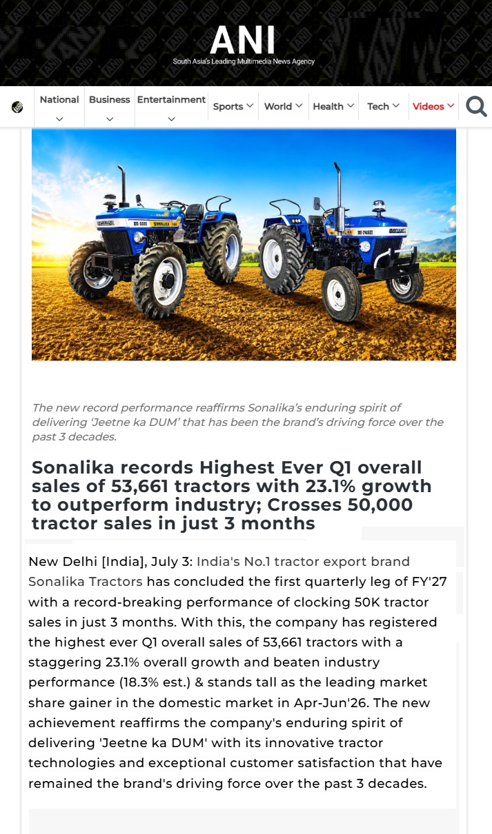 Sonalika Tractors Records Strong Q1 FY27 Growth with 53,661 Units Sales