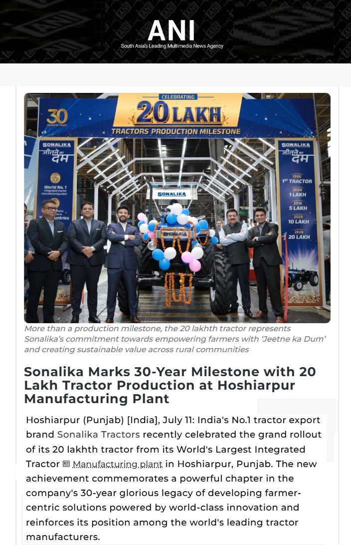Sonalika Tractors Achieves 20 Lakhth Tractor Production Milestone