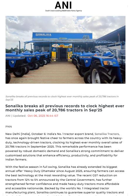 Sonalika records its highest-ever monthly overall sales of 20,786 tractors