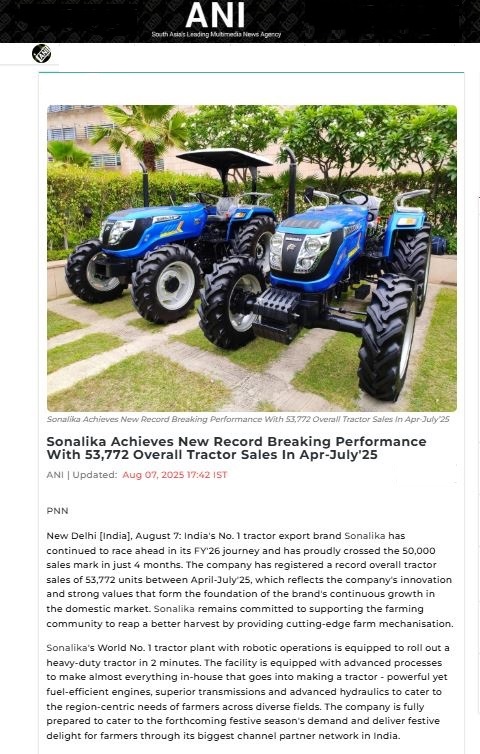 Sonalika Tractors Surpasses 53,000 Sales in FY26’s First Four Months, Driven by Strong Market Demand