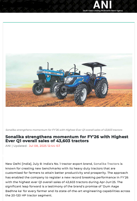Sonalika Tractors Begins FY’26 with Record-Breaking Q1 Sales of 43,603 Units, Strengthening Its Leadership in Farm Innovation