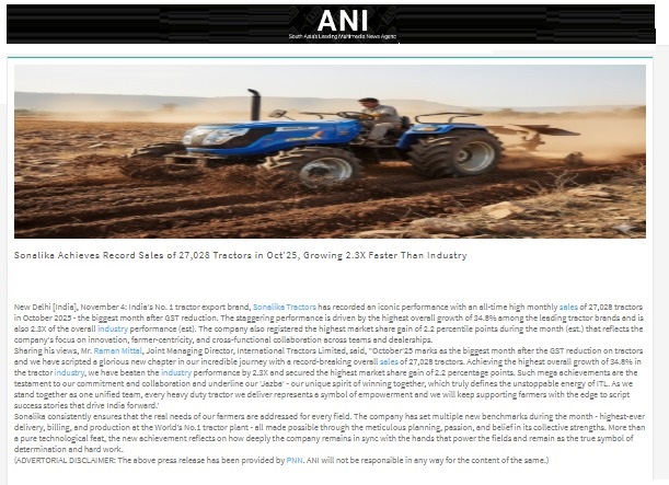 October Triumph: Sonalika Tractors Scripts Its Biggest-Ever Month with 27,028 Sales