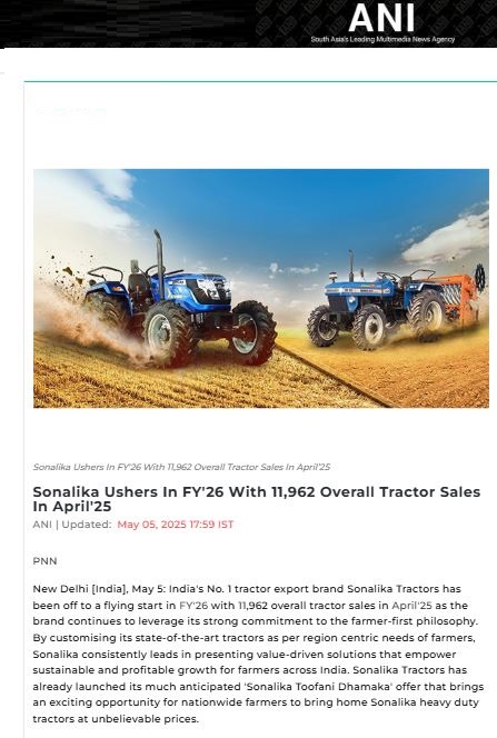 Sonalika Roars Into FY’26 With 11,962 April Sales and a Power-Packed Toofani Dhamaka Start