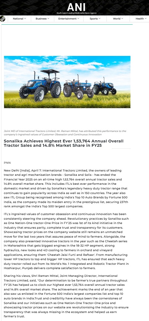 ITL Posts Record FY25 Tractor Sales of 1,53,764 Units, Captures 14.8% Market Share & Enters Fortune 500 India