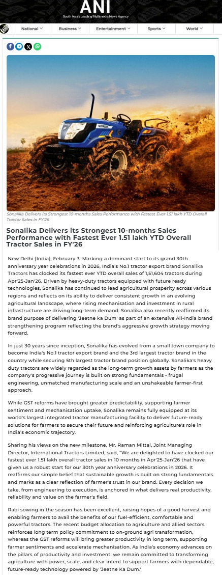Sonalika Strengthens Leadership as Tractor Sales Cross 151,000 Units