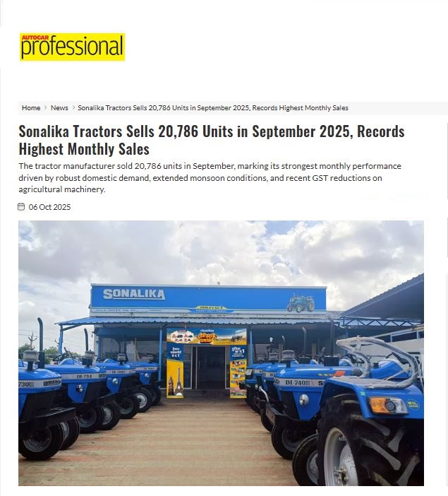 Sonalika Tractors Sets New Record with 20,786 Units Sold in September 2025