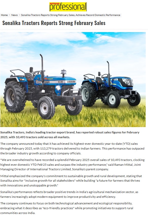 Sonalika Tractors Continues Growth Streak with Exceptional 10,493 Feb Sales