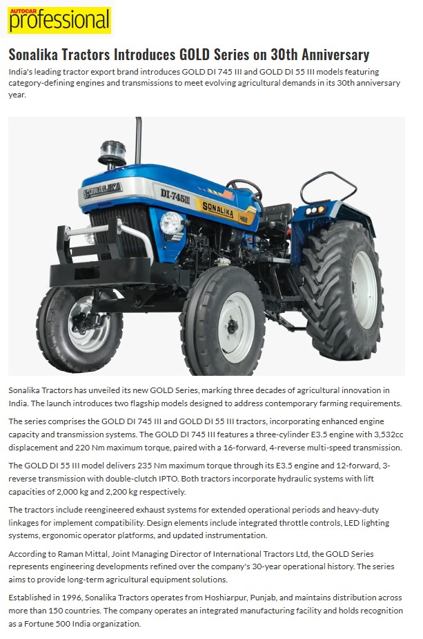 Sonalika Marks 30 Years with Launch of High-Performance GOLD Series Tractors