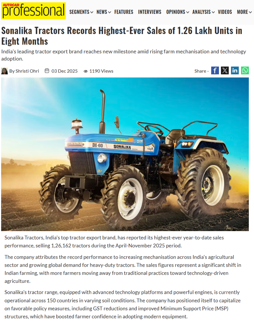 Apr–Nov ’25 Momentum Reflects Rising Farmer Confidence as Sonalika Tractors Sets New Sales Record