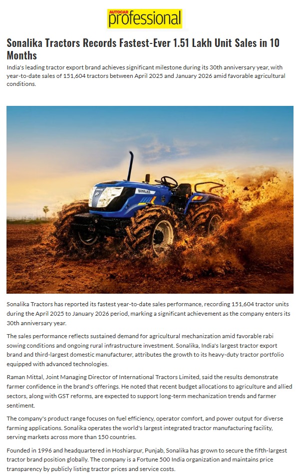 Sonalika Tractors Clocks Fastest FY26 YTD Sales with 151,604 Units