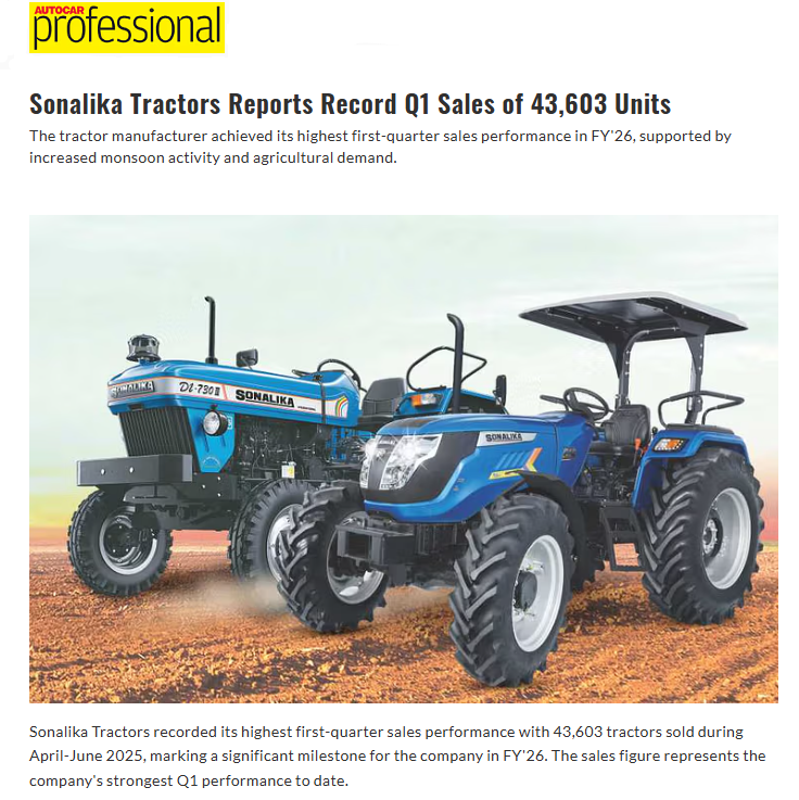 Sonalika Tractors Clocks Highest-Ever Q1 Sales of 43,603 Units in FY’26, Accelerating India’s Farming Growth Story