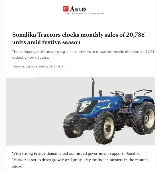 Sonalika Tractors Achieves Record 20,786 Tractor Sales in September 2025