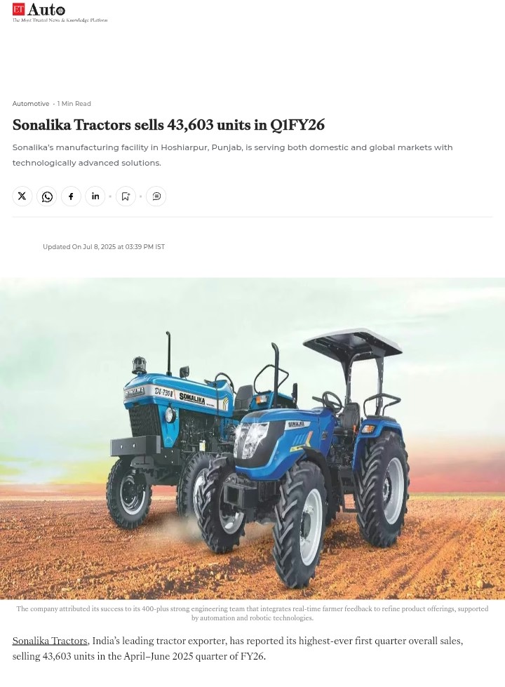 Sonalika Tractors Reaches New Milestone with 43,603 Units Sold in Q1 FY’26, Reinforcing Its Role in Transforming Indian Agriculture
