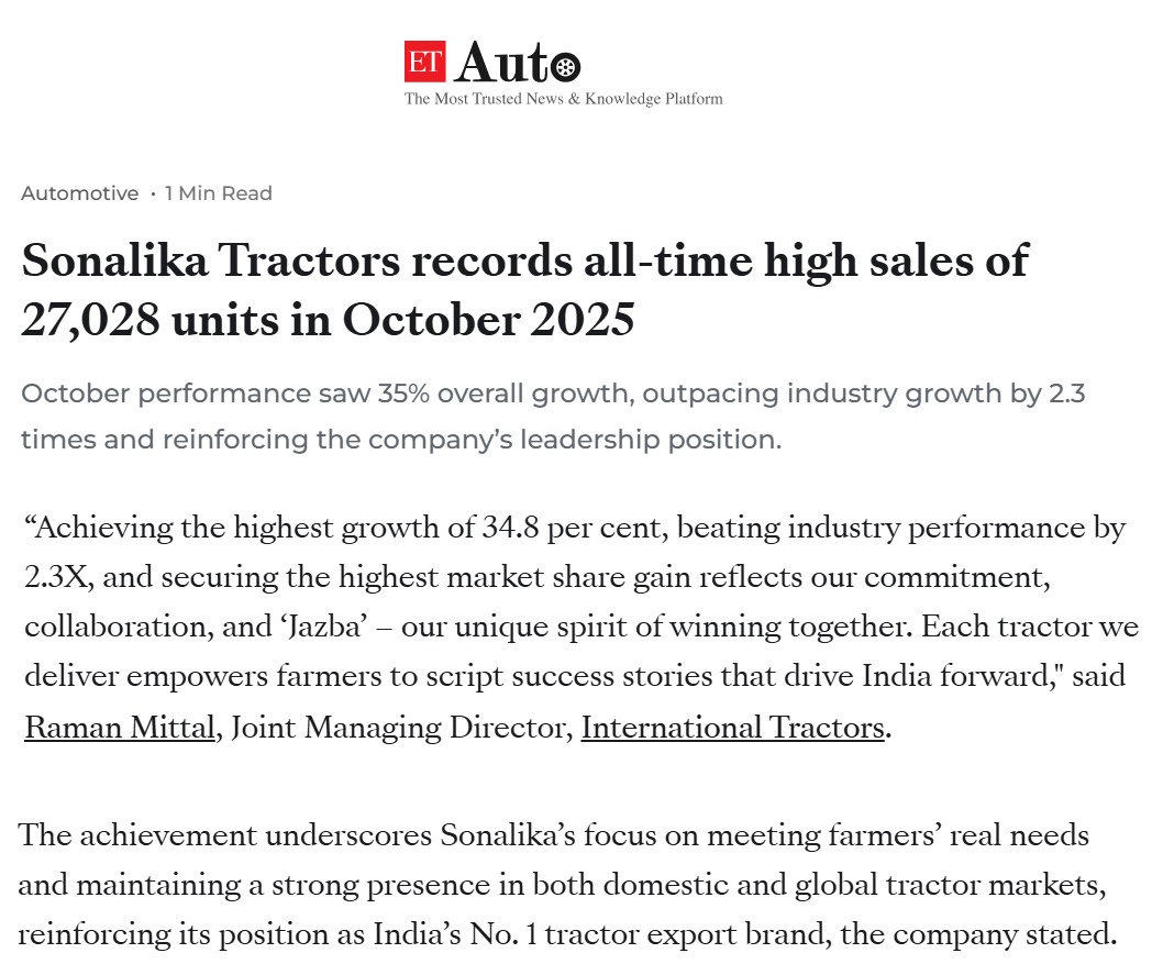 Sonalika Tractors Powers a New Growth Wave with Record 27,028 Sales in October 2025