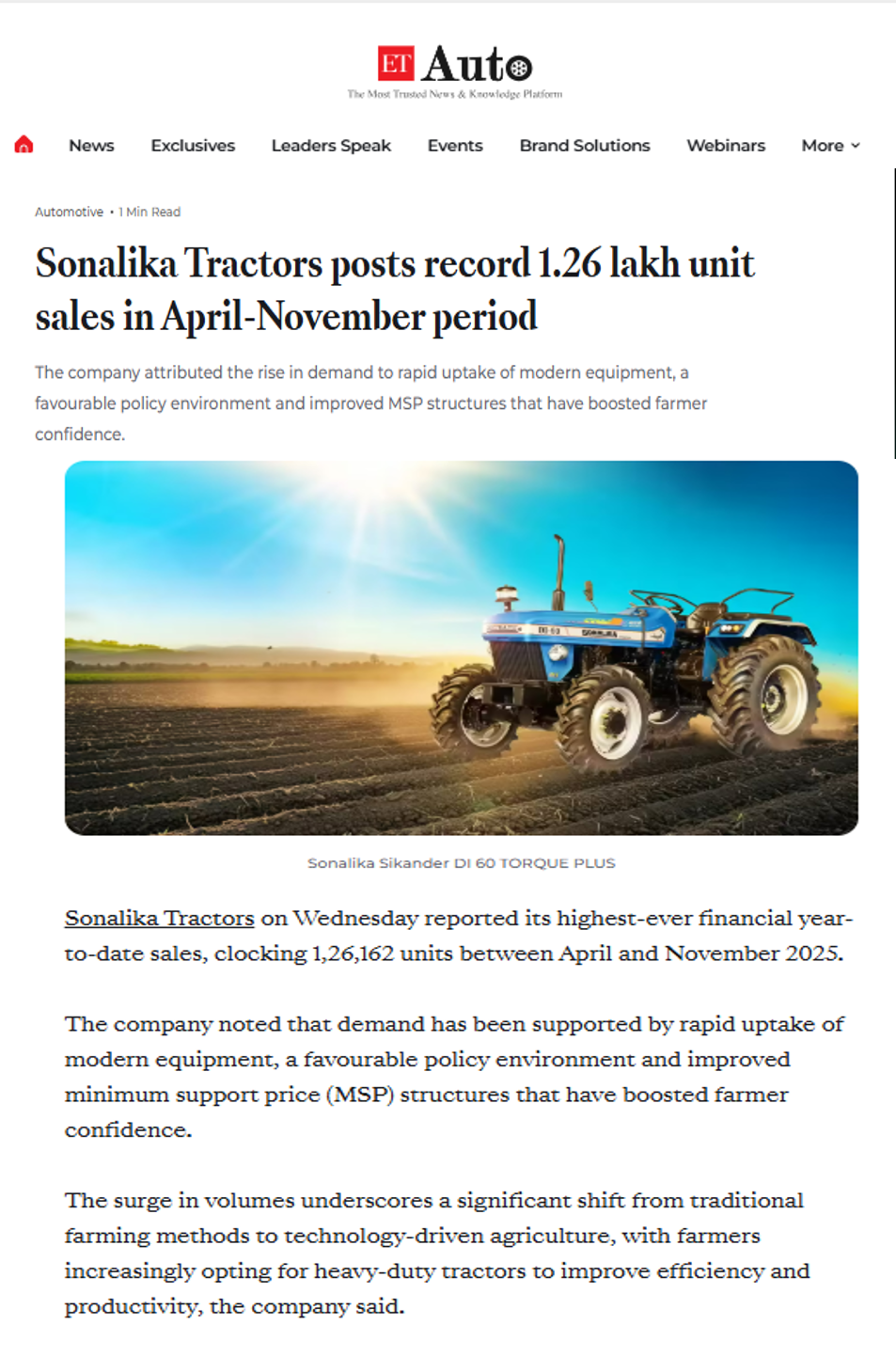 Apr–Nov ’25 Sees Sonalika Tractors Scale New Heights with Record YTD Sales Across Markets