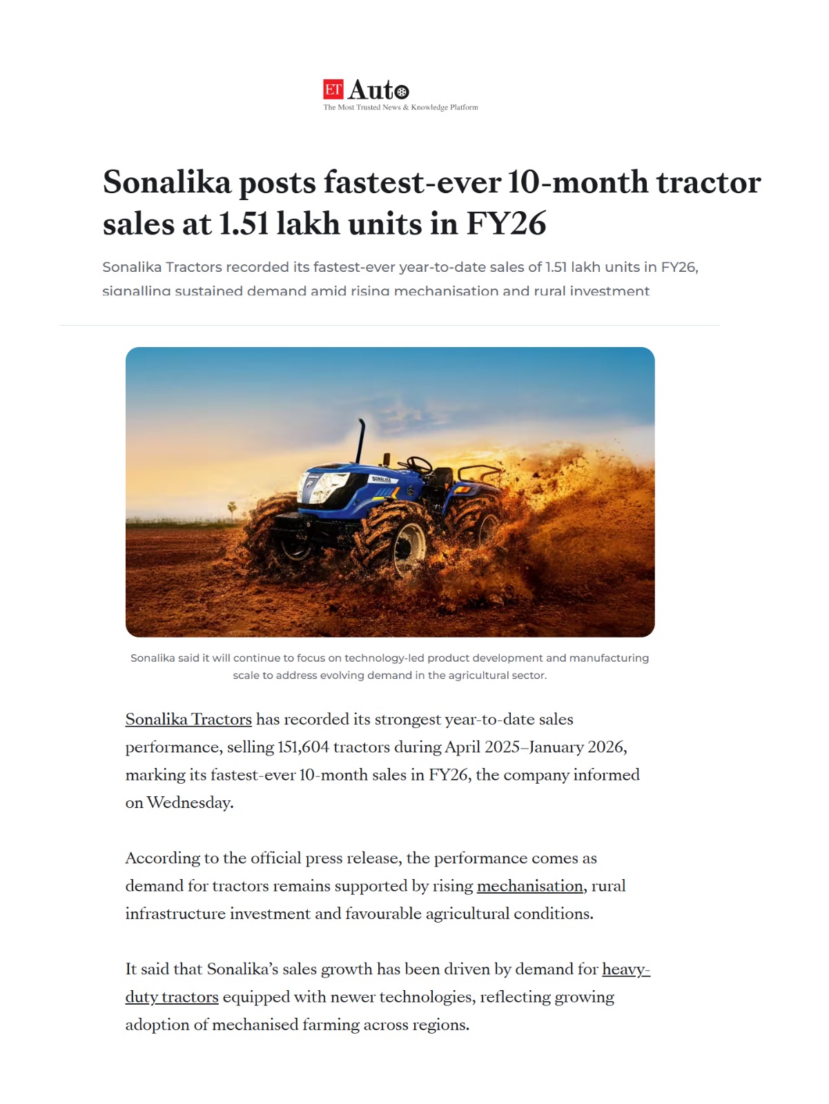 Sonalika Tractors Accelerates FY26 Momentum with Fastest YTD Sales of 151,604 Units
