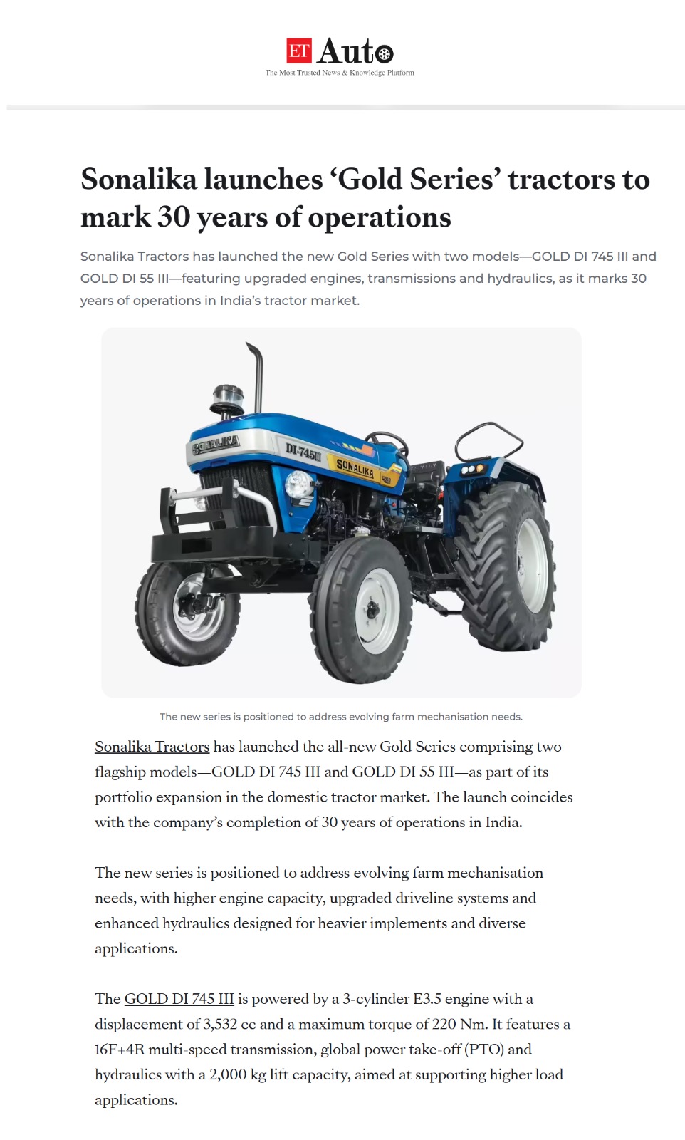 Sonalika Expands Tractor Portfolio with Launch of Next-Generation GOLD Series Models