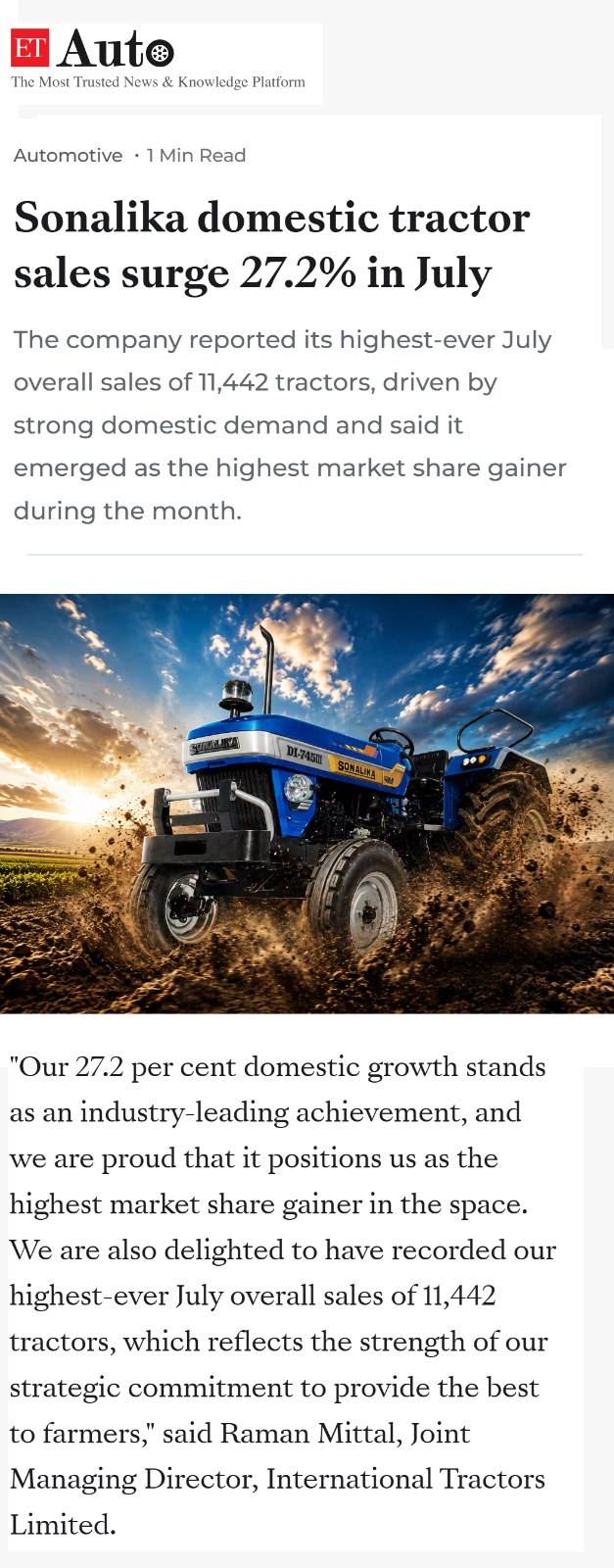 Sonalika Tractors Records 11,442 July Sales with Farmer-Centric Solutions