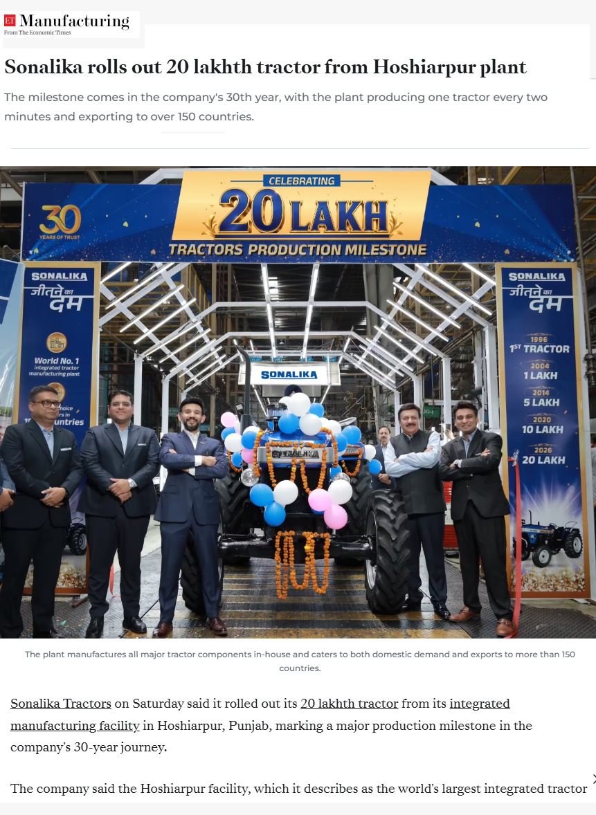 Sonalika Celebrates 20 Lakhth Tractor Milestone After 30 Years