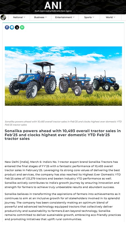 Sonalika Tractors Continues Leadership with 10,493 Feb Sales & Historic YTD Total