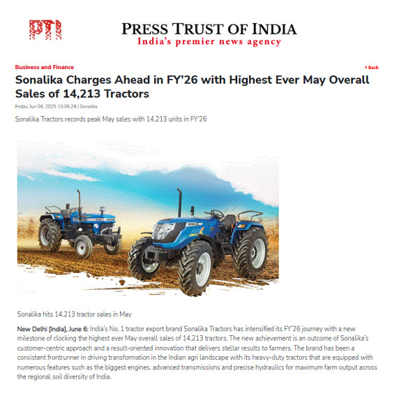 Historic May for Sonalika as Tractor Sales Hit 14,213