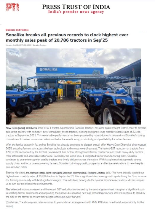 Sonalika Tractors recorded an impressive 20,786 tractor sales in September 2025