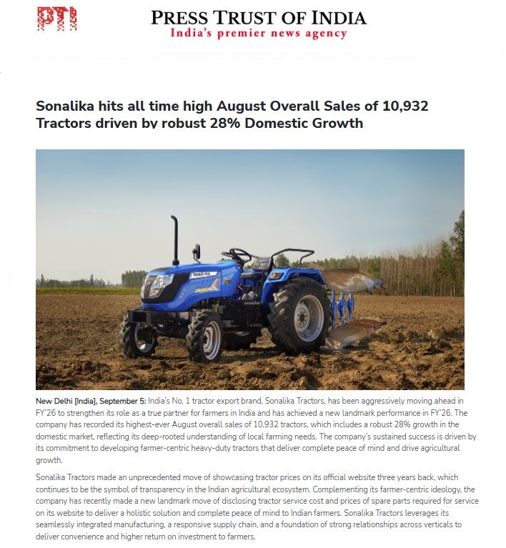 Sonalika Tractors Powers Past Limits — 10,932 Units Sold, A Record-Breaking August