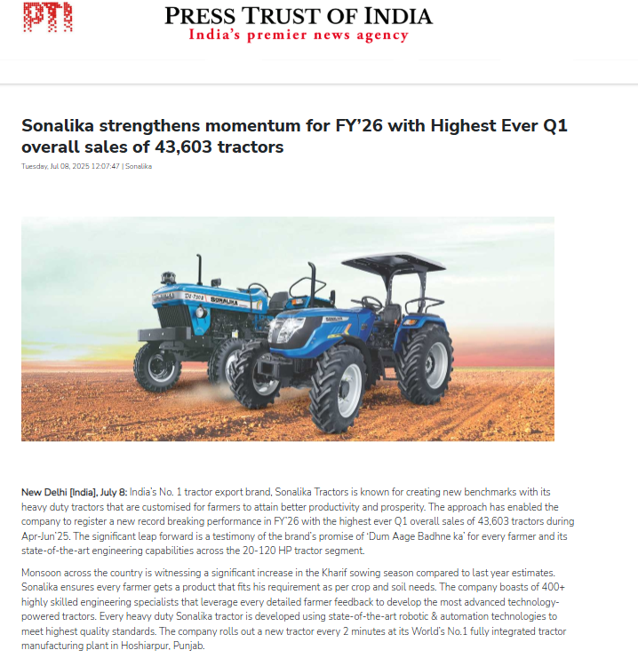 Sonalika Tractors Sets a New Industry Pace in FY’26 with 43,603 Units Sold in Q1