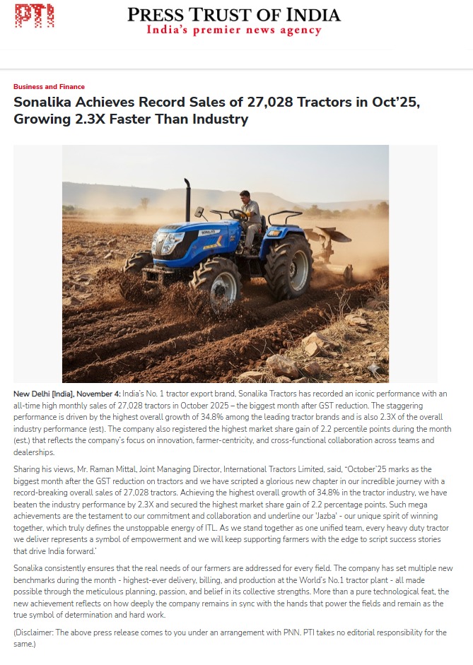 Sonalika Tractors Accelerates Past Milestones with Record 27,028 Sales in October 2025