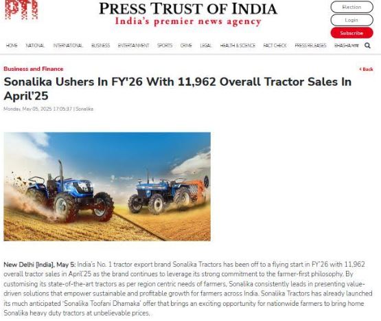 Sonalika Strengthens Farmer Advantage With 11,962 April Sales as FY’26 Takes Off