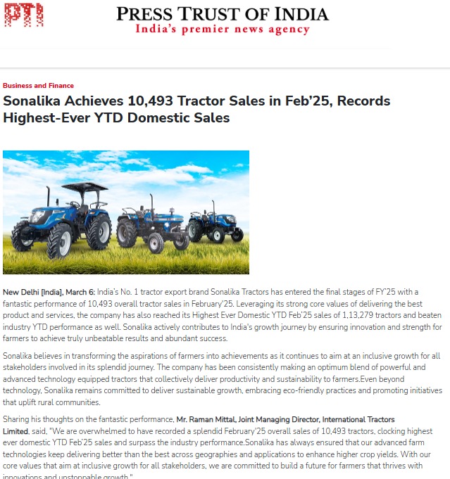 Landmark FY’25 Update: Sonalika Logs Strong Feb Output and New YTD Peak