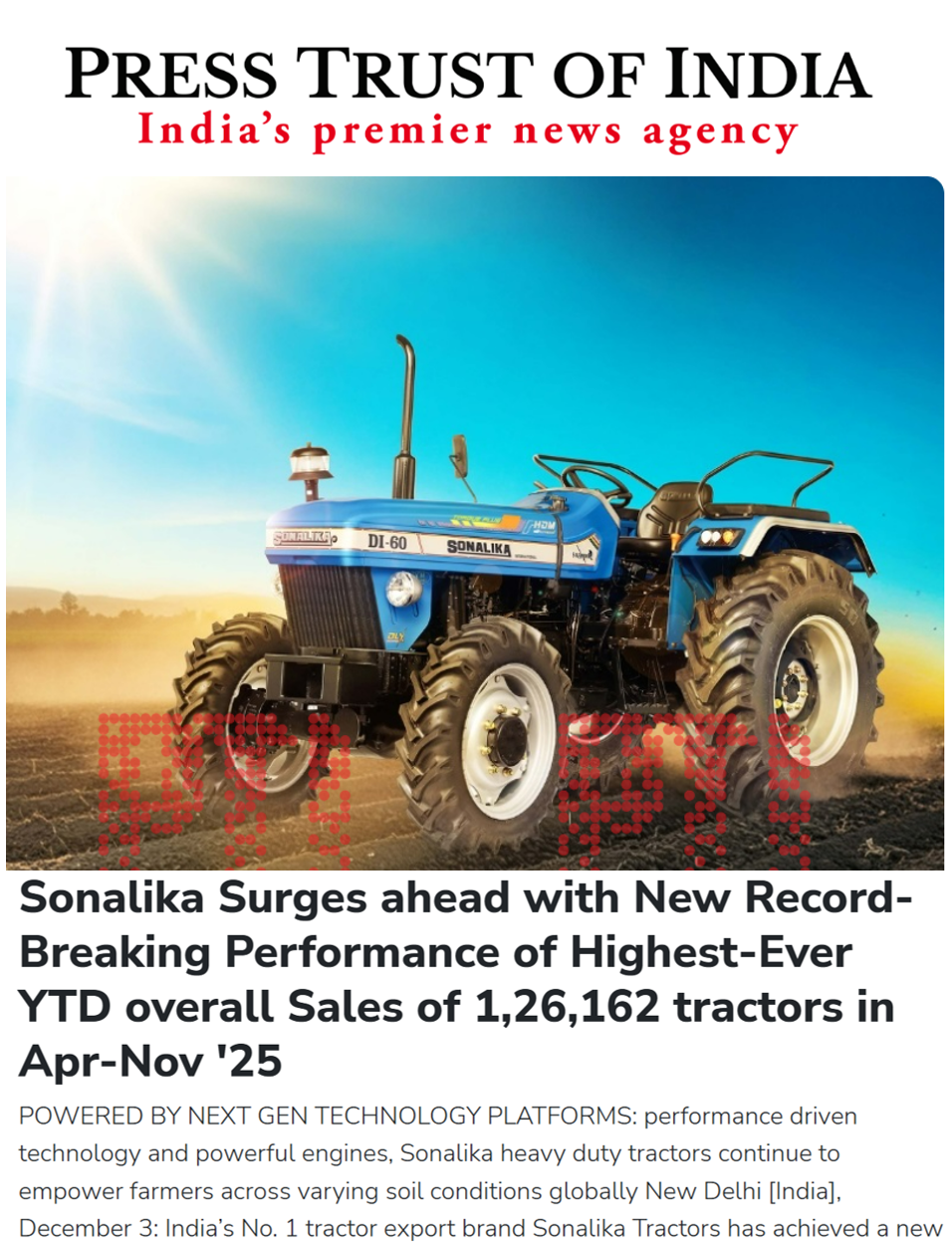 Apr–Nov ’25 Marks a Leap in Mechanisation as Sonalika Tractors Posts Record YTD Sales