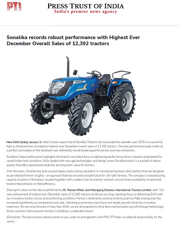 Sonalika’s December Numbers Reflect Sustained Demand