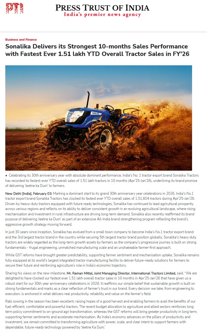 Sonalika Powers Farm Mechanization with Record 151,604 Tractor Sales