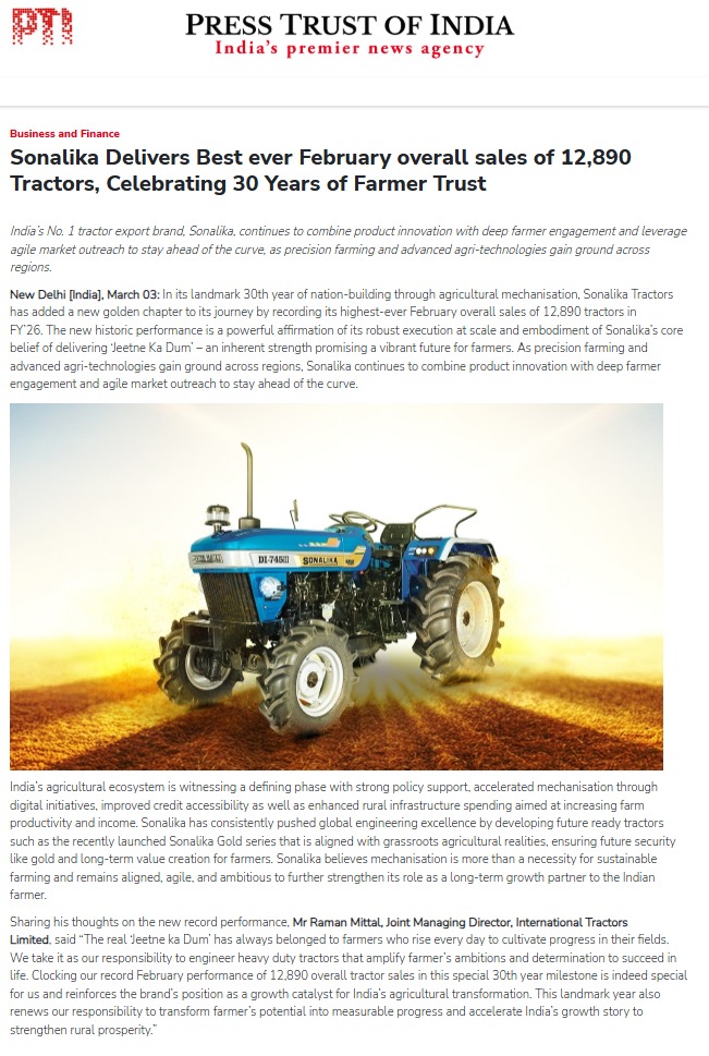 Sonalika Posts Best-Ever February Tractor Sales as Rural Demand Strengthens