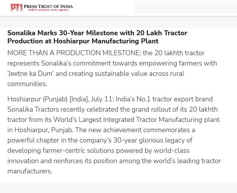 Sonalika Marks 30 Years of Excellence with 20 Lakhth Tractor
