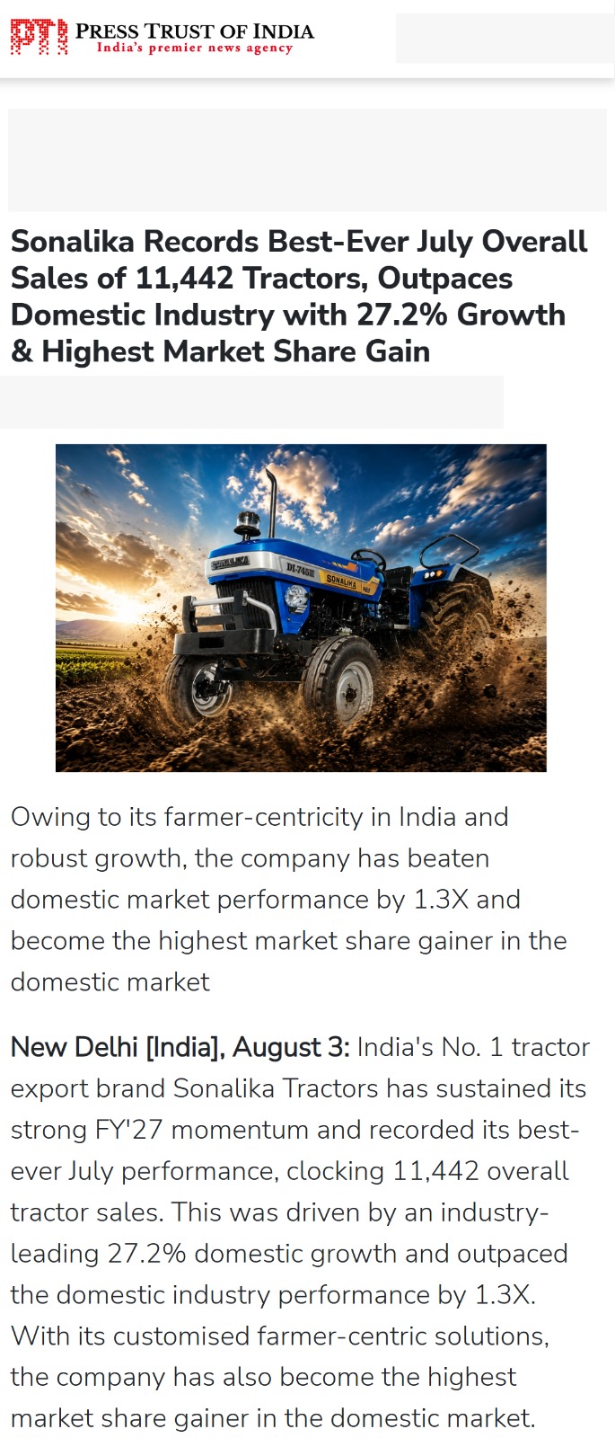 Sonalika Tractors Crosses 11,000 Sales in Best-Ever July Performance