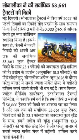 Sonalika Tractor Sales Reach 53,661 Units, Lead Q1 FY27 Market Gains