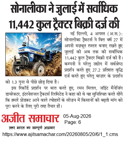 Sonalika Tractors’ Innovation Drives Record July Sales of 11,442