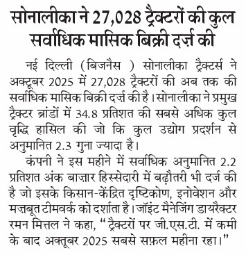 Sonalika Touches New Heights with 27,028 Sales in October 2025