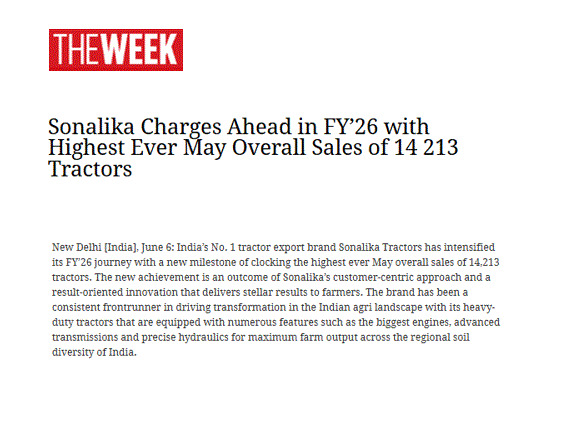 Sonalika Posts a Standout May with 14,213 Tractor Sales