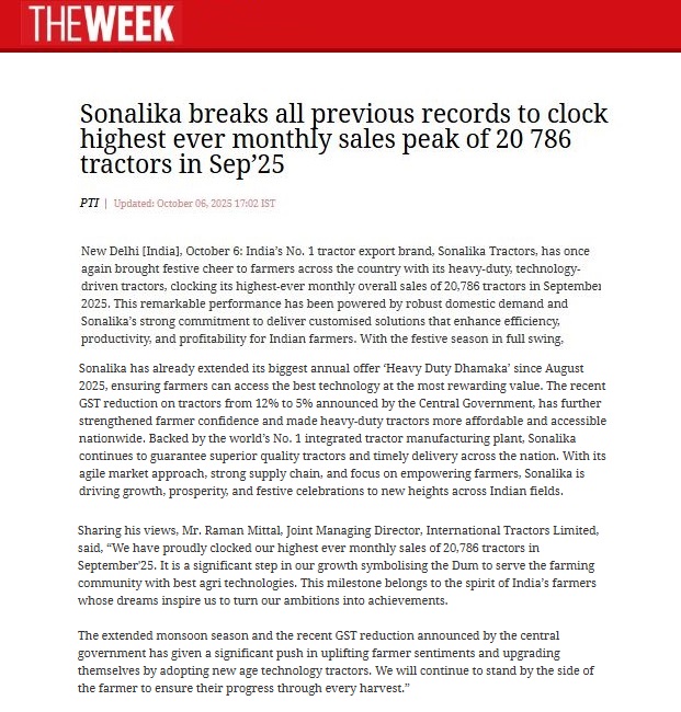 Sonalika Tractors breaks records with 20,786 units sold in September 2025 amid festive surge