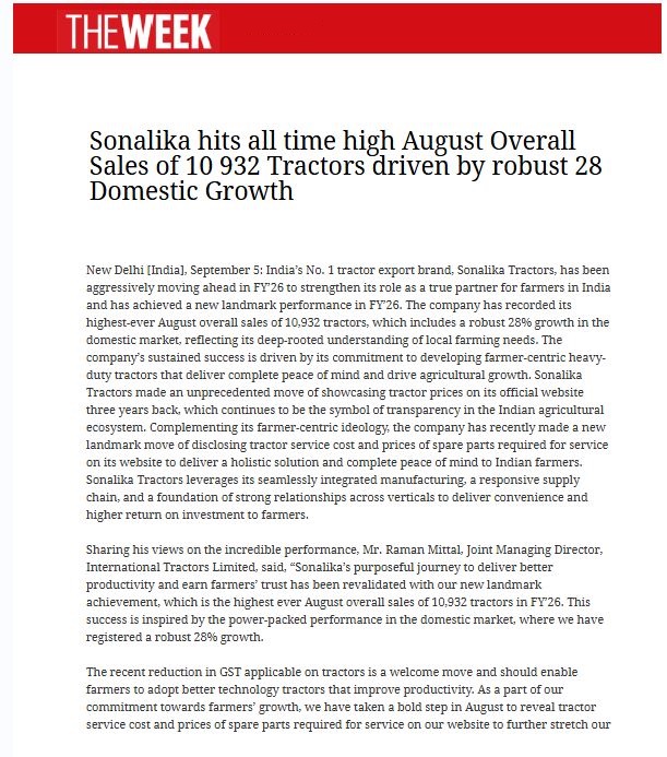 Transparency that Performs: Sonalika’s Record August FY’26 Sales Set New Industry Benchmark