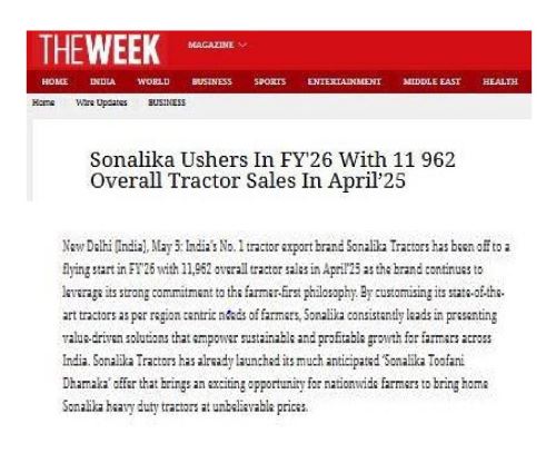 Sonalika Sets the Pace With 11,962 April Tractor Sales and Dumdaar Growth