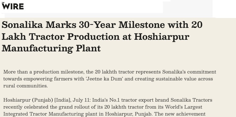 Sonalika Marks Three Decades of Tractor Manufacturing with 20 Lakhth Rollout
