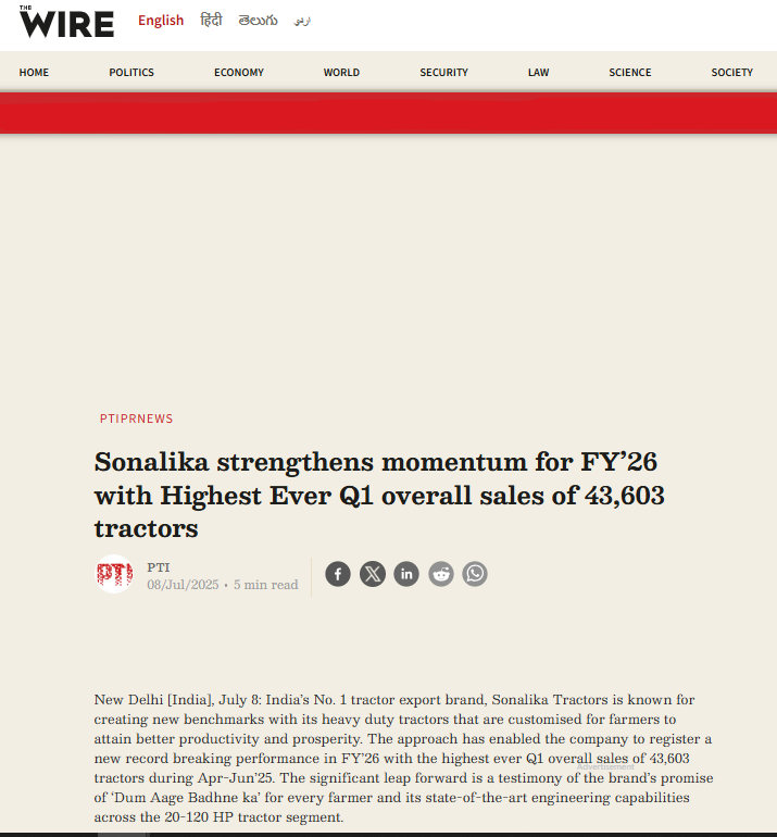 Sonalika Tractors Sets New Benchmarks With 43,603 Q1 Sales FY’26