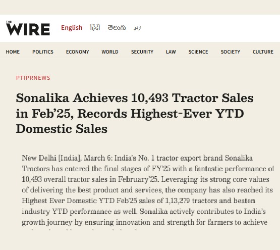 Sonalika Tractors Reaches Record 1,13,279 YTD Domestic Sales | Feb ’25 Update