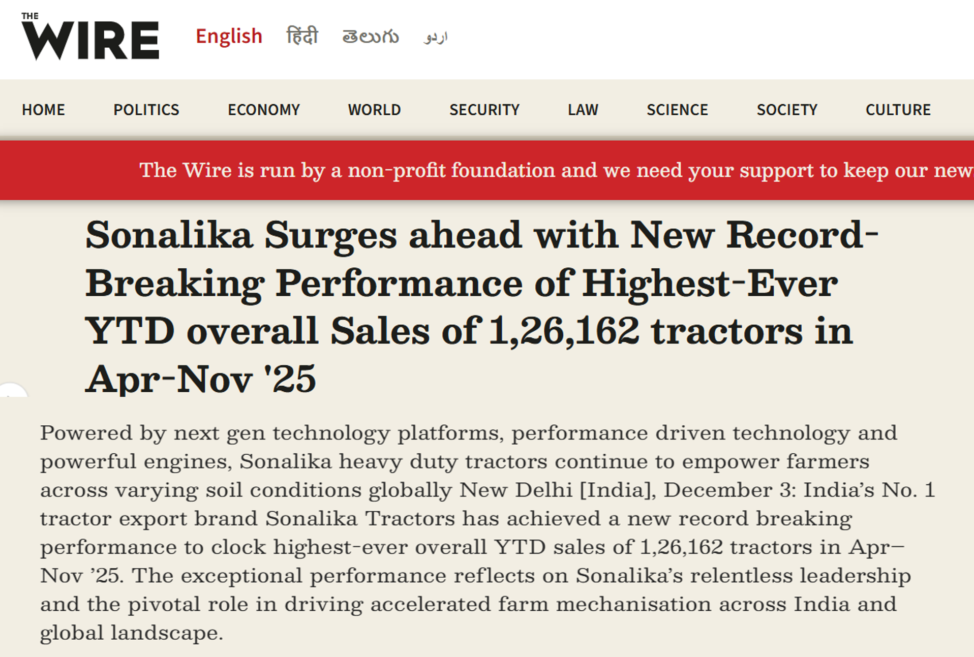 Apr–Nov ’25 Marks a Defining Growth Chapter for Sonalika Tractors with Record YTD Sales