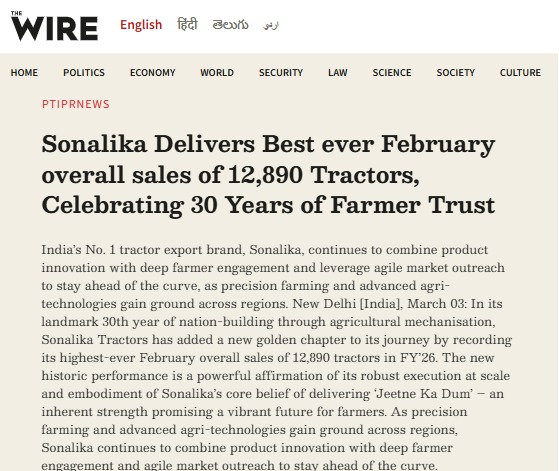 Sonalika Sets New February Benchmark with 12,890 Tractor Sales