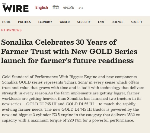 Sonalika Expands Tractor Lineup with Launch of Powerful GOLD Series Models